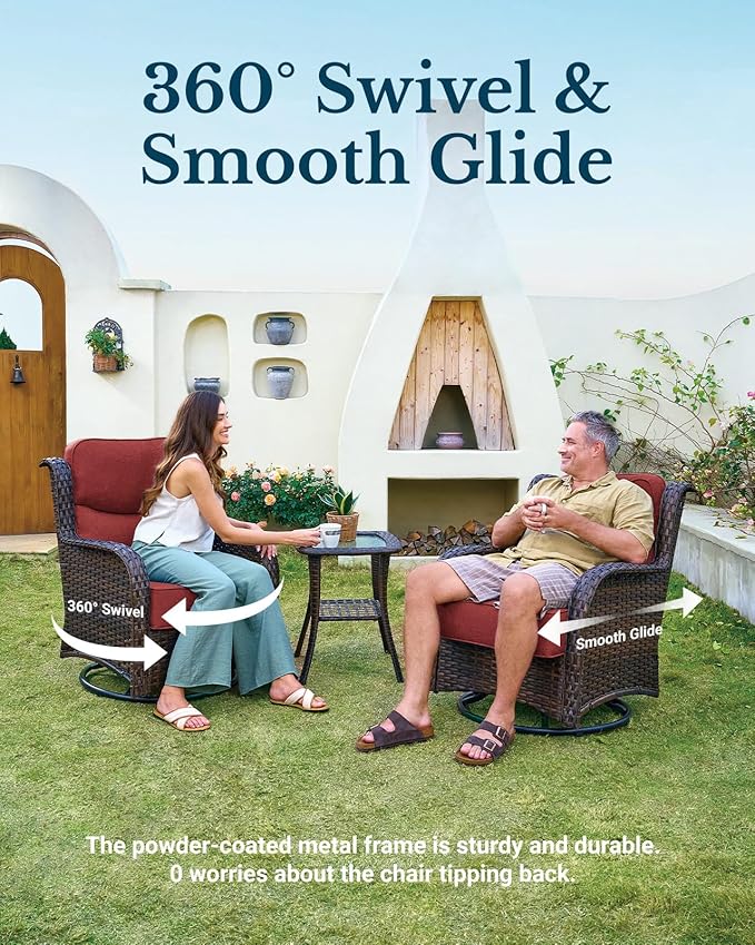 HILLGA Luxury Outdoor Swivel Rocker Patio Chairs of 2 with 6 Inch Thick Cushions and Side Table, Swivel Outdoor Chairs 5PCS High Back Wicker Patio Furniture Set for Porch, Balcony, Deck in Burgundy