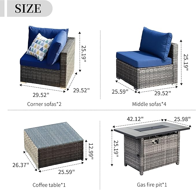 HOOOWOOO 8 Piece Patio Sectional Furniture Set with Fire Pit Table,Modern Wicker Outdoor Conversation Sofa Sets,Weather Resistant Modular L Shaped Outside Couch Set(Navy Blue)