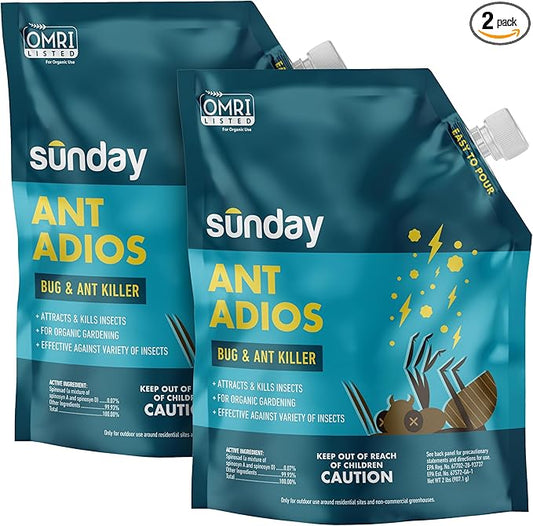 Sunday Ant Adios - Bug & Ant Killer - Outdoor Insect Control Uses Spinosad to Eliminate Ants, Earwigs, Cutworms, & More - Treats 4,000 sq ft - Results in 3-14 Days - 2 Pack, 2lbs