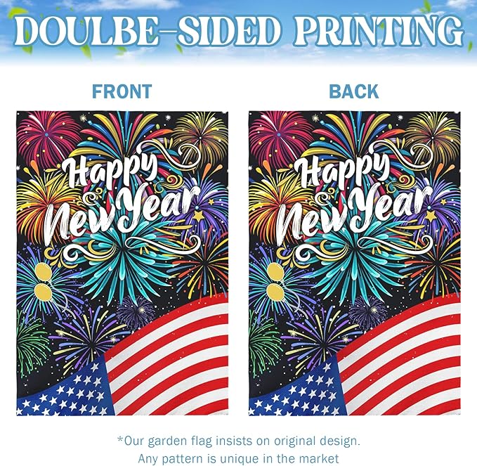 Happy New Year Garden Flag New Year Eve House Banner Double Sided American Flag Fireworks Wall Banners Balloon Holiday Celebration Party Yard Flags for Winter Festival Greetting 28 x 40 Inch