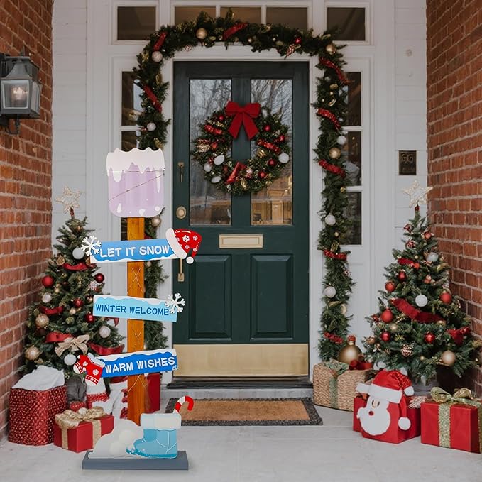 Lighted Let It Snow Winter Welcome Porch Sign, Christmas Wood Snow Shovel Warm Wishes Standing Sign Decorations,Xmas Hat Gloves Candy Cane Sign For Indoor Outdoor Yard Decor