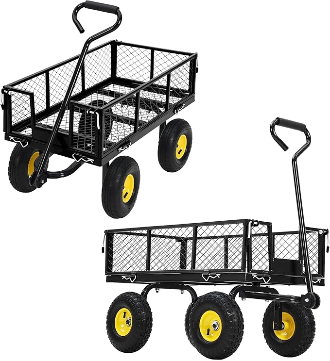 Steel Garden Cart, 550 LBS Heavy Duty Metal Garden Wagon with 10" Wheels, Metal Push Wagon with 180° Rotating Handle and Removable Sides for Farm, Yard
