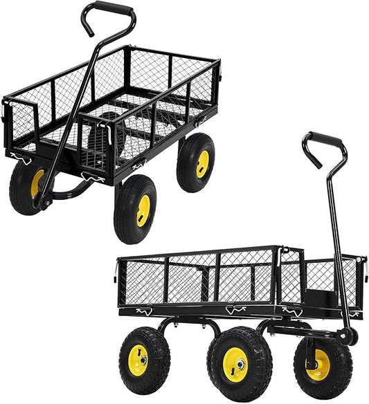 Steel Garden Cart, 550 LBS Heavy Duty Metal Garden Wagon with 10" Wheels, Metal Push Wagon with 180° Rotating Handle and Removable Sides for Farm, Yard