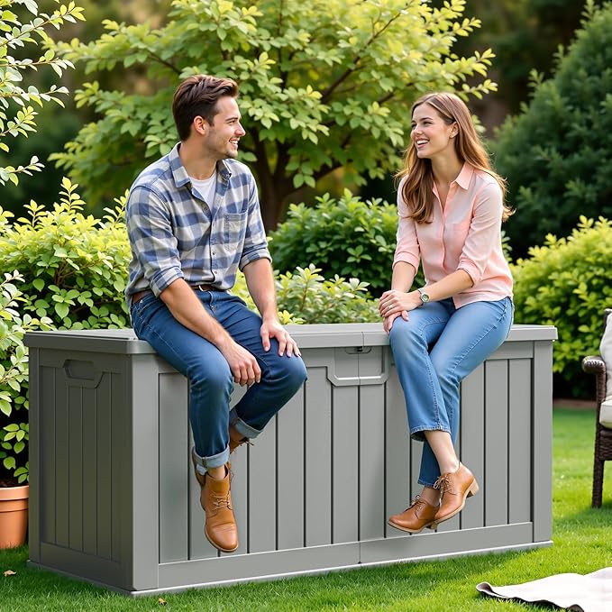 Flamaker Resin Deck Box 250 Gallon, Waterproof Imitation-Wood Lockable Storage Box with Separator Plate Outdoor Indoor, Garden, Patio Furniture for Tools&Pool Accessories (Gray)