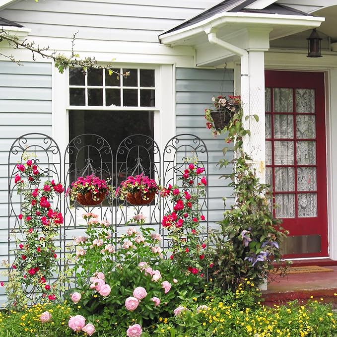 SUNYRISY 4Pack Metal Garden Trellis for Climbing Plants Outdoor, Metal Plant Trellis for Flowers Tomato Cucumber Rose Vegetable Support Garden Decoration, Black