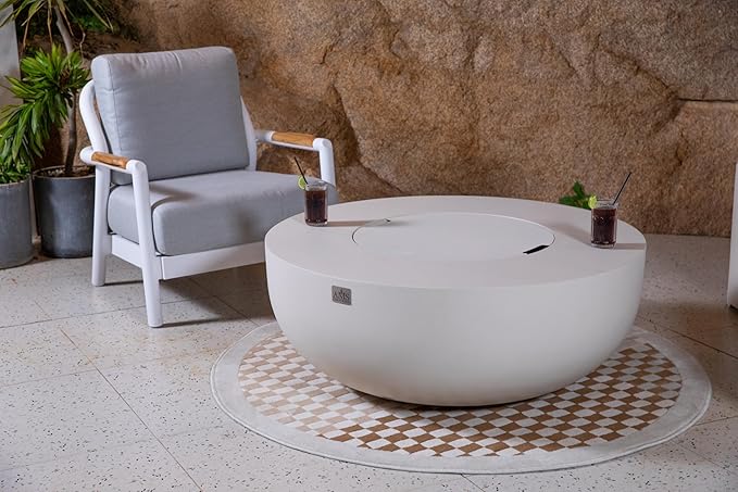 AMS Creations | Eclipse 44" Bundle Round Cast Concrete Natural Gas Fire Pit Bowl Table | Cream White | Smooth Texture Surface | Electronic Ignition | Outdoor Patio Heater Outside Backyard Fireplace