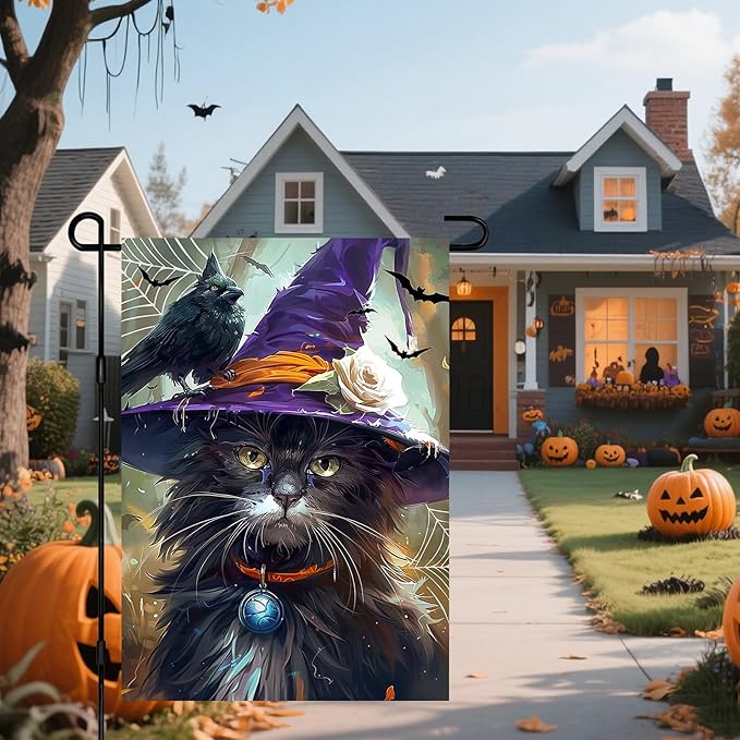 IVN Halloween Garden Flag 12x18 Inch Double Sided Witch Cat Raven Pumpkin Bat Fall Outdoor Flag for Yard Porch House Lawn Decoration Spooky Seasonal Holiday Banner