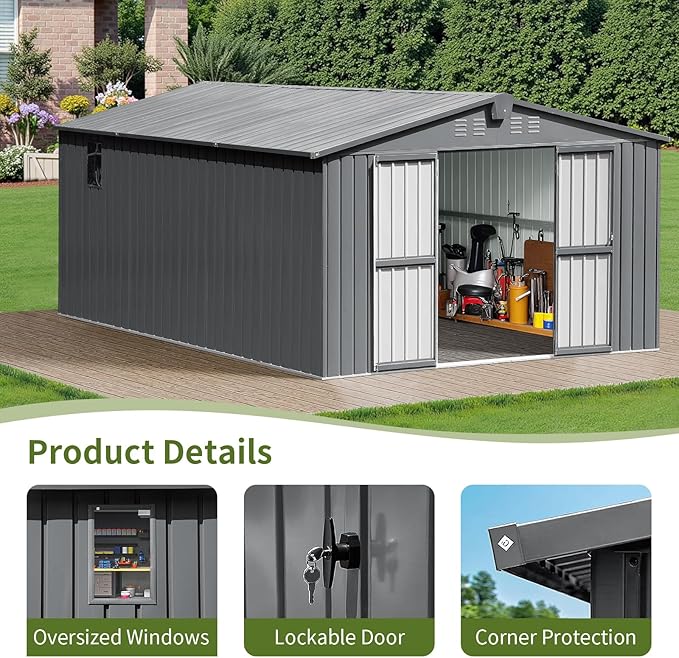 10x12 Ft Large Outdoor Storage Shed, Dark Grey Metal Garden Outdoor Storage Workshop Shed with Lockable Doors, Windows, Air Vents, Waterproof for Backyard, Mower Storage, Backyard, Lawn, Patio