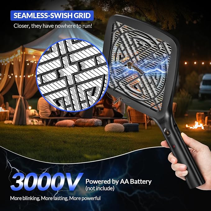 Mafiti Bug Zapper 3000V Ultra-Light Electric Fly Swatter with LED Light,Bug Zapper Indoor with Safety Grid for Home,Kitchen&Outdoor Camping-AA Battery Powered (not incl.)