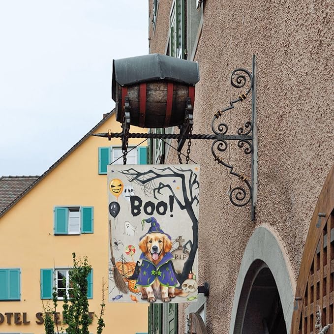 Golden Retriever Dog Halloween Boo Pumpkin Garden Flag Welcome Party Outdoor Outside Decorations Picks Home House Garden Yard Decor 12x18 Inch