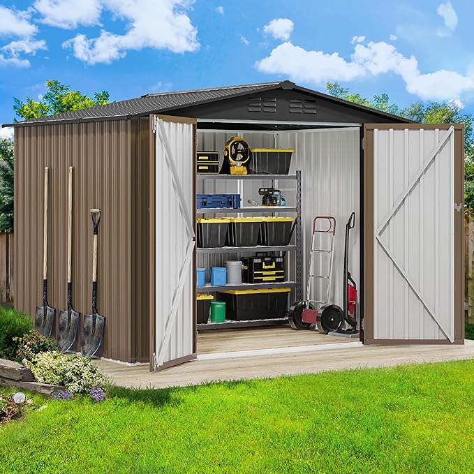 DWVO 8'x6' Large Metal Outdoor Storage Shed, Heavy Duty Tool Storage Sheds for Backyard Patio Lawn - Ideal for Bicycles, Garden Tools, and Lawn Equipment, Easy-to-Assemble, Brown