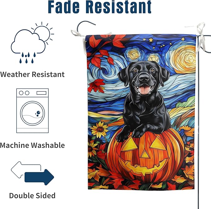 Stained Glass Black Lab Fall Garden Flag Halloween Pumpkin Yard Signs Autumn Sunflower Thanksgiving Banner for Outside 12x18 Double Sided Small Labrador Dog Outdoor Decorative