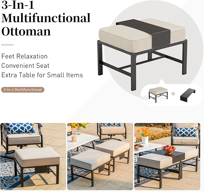 Patio Furniture Set with Firepit Table, Metal Outdoor Patio Furniture, 2 Single Chairs, 3 Seater Sofa, 2 Ottomans with 5.75" Extra Thick Cushion and Gas Firepit Table for Backyard Deck