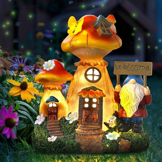 Json Solar Garden Statue Lights Mushroom Fairy House Figurine, Outdoor Memorial Garden Ornaments Waterproof Decoration for Outside Patio Yard Lawn Decor