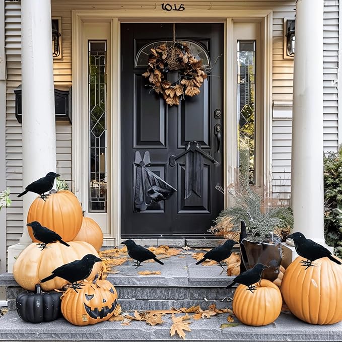 NEROSUN 6 Pack Halloween Black Feathered Crows, 5.7" & 8.7" Realistic Feathered Black Birds Raven, Halloween Decoration for Indoor Outdoor Home Yard Garden Party Decor