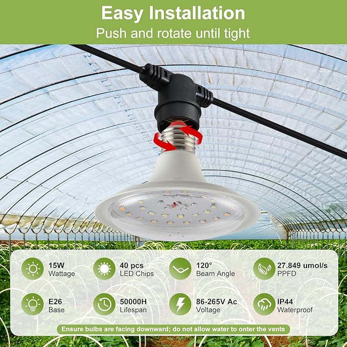 Outdoor Grow Lights for Plants, Full Spectrum Greenhouse Grow Light, UL Certified Daisy-Chain String Grow Lights, IP44 Waterproof, 22FT Adjustable Cord, for Vegetables, Seedlings, Flowers (6 Lights)