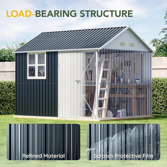 Breezz 8X10FT Outdoor Steel Storage Shed with Clear Window, Lockable Doors, Weather-Resistant Metal Tool Shed for Garden, Backyard, Patio, and Utility Storage.Nightblue