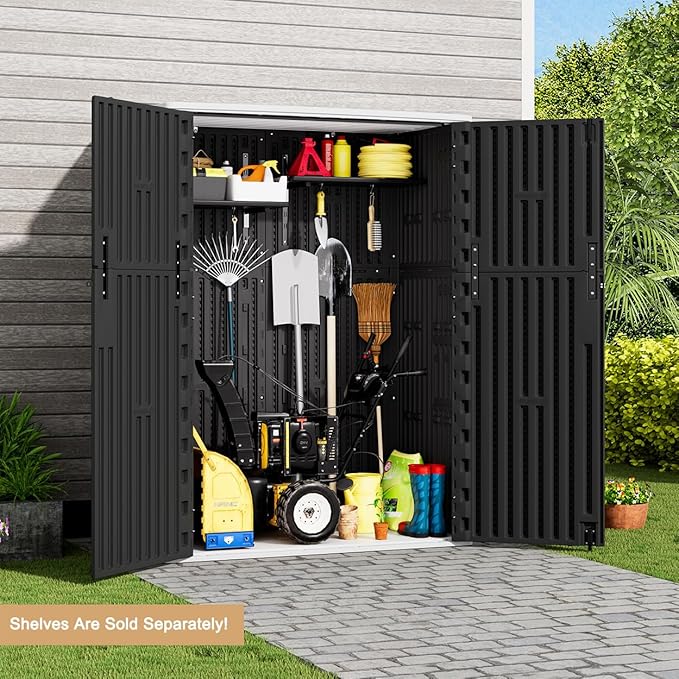 KINYING Outdoor Vertical Storage Shed,57 Cu.ft Outdoor Storage Cabinet Waterproof,Resin Sheds & Outdoor Storage Clearance for Garden,Patio,Backyard,Lockable (Black)