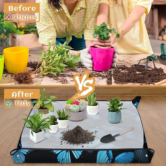 Butterfly Blue Foldable Garden Hand Transplanting Succulent Tools,Waterproof Thickened Repotting Mat Plant Tag, Miniature Planting Indoor Fairy Care,Potting,Cactus,Houseplant Bonsai Tool Kit Gift
