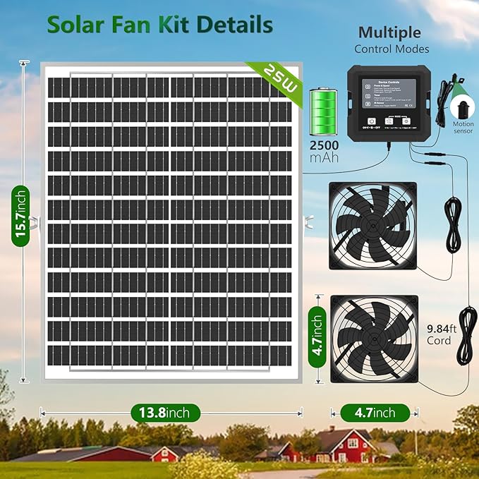 25W Solar Fan for Chicken Coop with Battery, Solar Exhaust Fan for Shed & Greenhouse, 3 Modes Controller (Continuous/Timer/Motion Sensor), Solar Powered Fan for Intake or Exhaust Vent Cooling