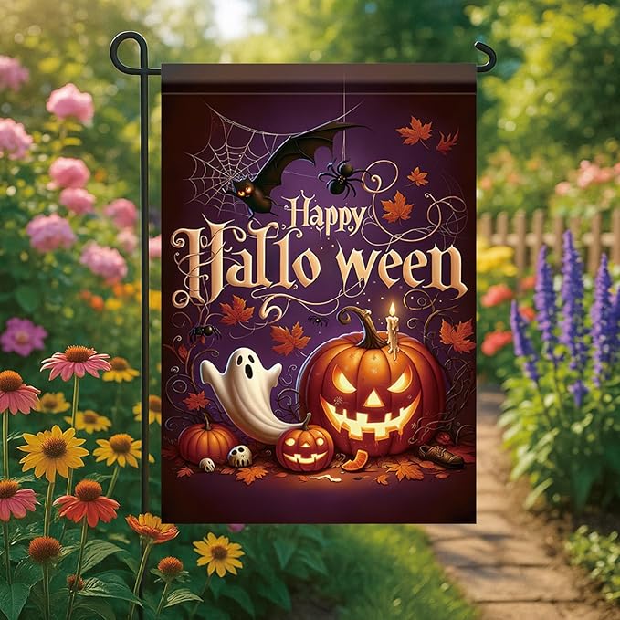 Halloween Garden Flag Happy Halloween Pumpkin Ghost Flag Double Sided Outdoor Yard Banner Fall Seasonal Decoration for Garden Lawn Patio Party Autumn Outdoor Yard Decor 12x18 Inch