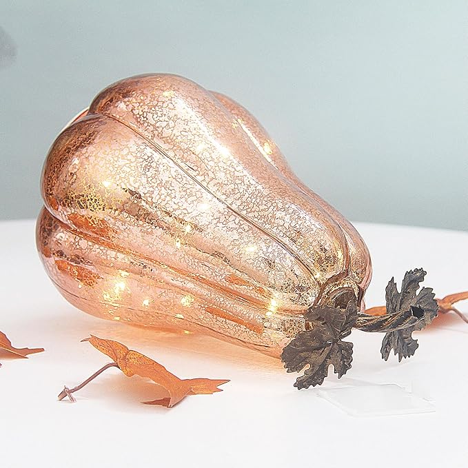 Mercury Glass Pumpkin Lights with Timer, Battery Operated Led Pumpkin Lights for Halloween Fall,Thanksgiving Rustic Decor (Rosegold Leafy, 11")