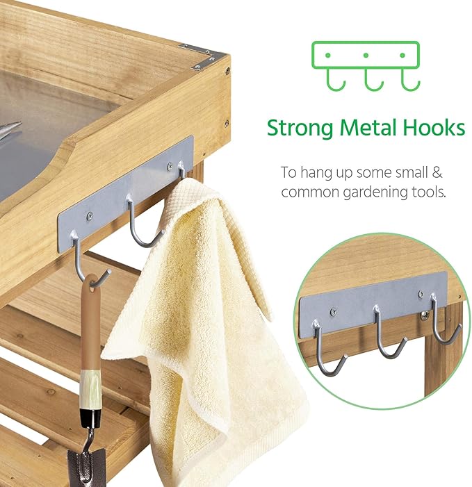 Yaheetech Outdoor Garden Potting Bench Table Wooden Horticulture Planting Worstation w/Metal Tabletop/Storage Shelf/3 Hooks, Natural Wood