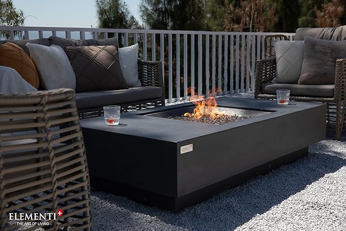 Elementi+ | Cannes Gas Fire Pit Cast Concrete 60" Rectangular Fire Table, Outdoor Fire Pit Electronic Ignition | Canvas Cover, Fire Glass and Burner Lid Included | Dark Gray | Natural Gas
