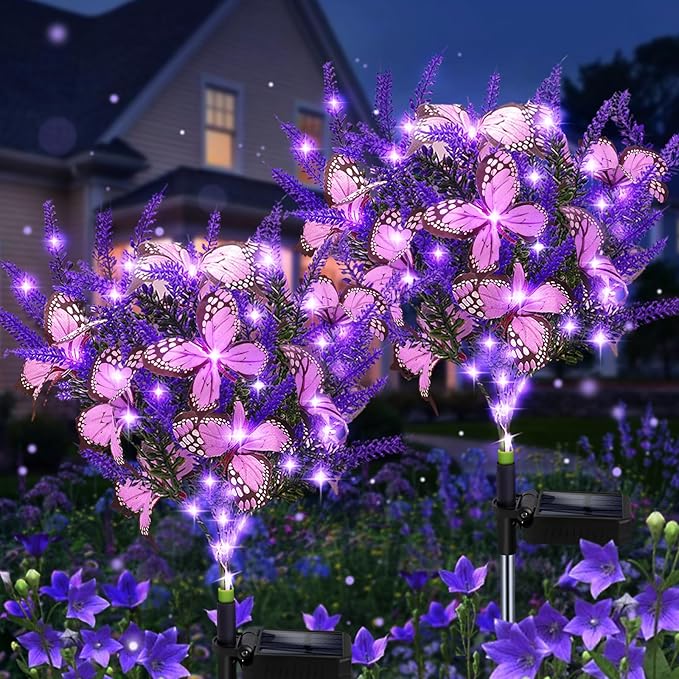 Solar Garden Lights Outdoor, 2 Pack Purple Lavender Solar Butterfly Lights Gardening Gifts for Women,Artificial Flowers Light Purple Halloween Garden Decor for Patio Yard Lawn Christmas