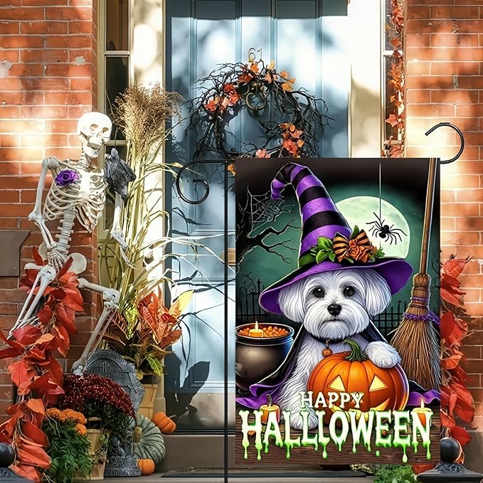 Happy Halloween Garden Flag Double Sided 12x18 Flag Dog Pumpkin Halloween Flag Cute Schnauzer Puppy Pumpkin Spider Design Outdoor Decoration Holiday Display Lawn Yard Banner