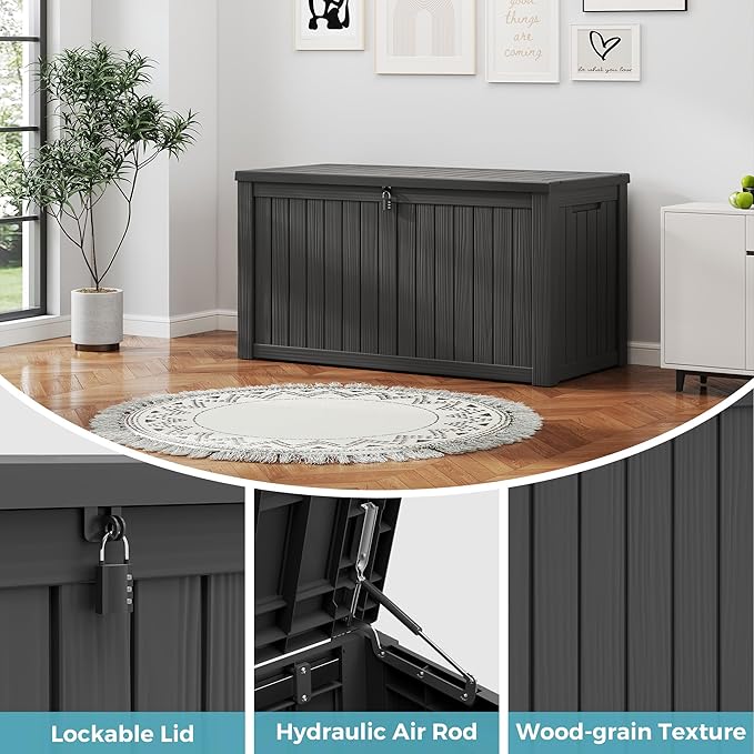 151 Gallon Outdoor Storage Box,Resin Large Sturdy Deck Box, Backyard Outside Storage Box Waterproof with Double Wall Panels,Package Delivery Garden Outdoor Hose Storage Bin,Black