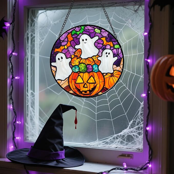 Stained Glass Window Hanging Halloween Horror Pumpkin White Ghost 15" - Suncatcher Door Garden Sunroom Gothic Style Sun Catcher Birthday for Friend Mom Men Woman Nana