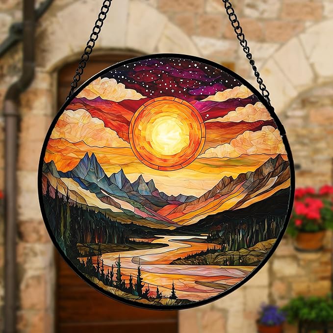 Stained Glass Window Hanging, Dusk Sunset Landscape Sun Catchers Glass Panel Lakes and Mountains Suncatcher Decor for Birthday for Women, Men, Wife, Aunt, and Mom 9.8 in