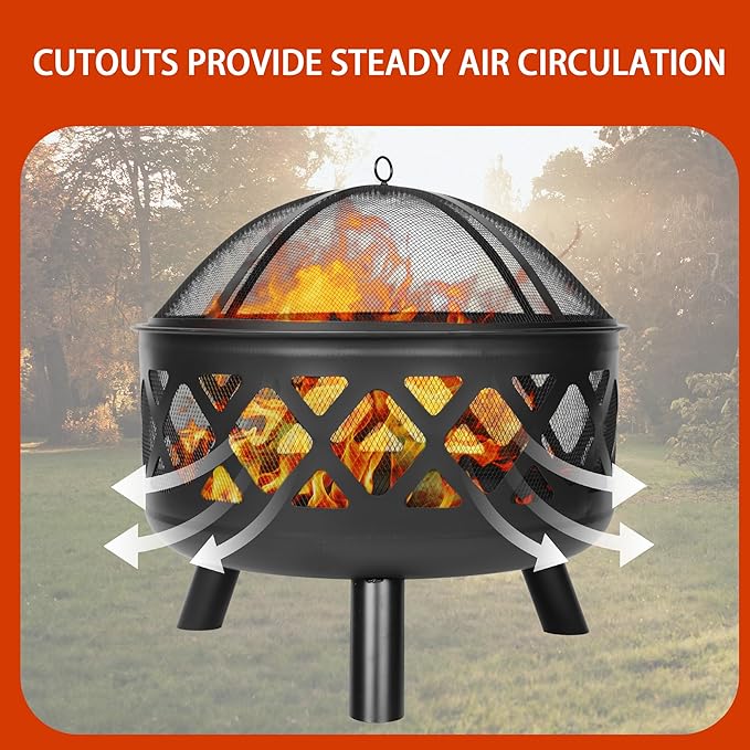 Red Mountain Valley 24'' Outdoor Wood Burning Fire Pit with Spark Screen, Fire Poker, Cover, 2-in-1 Functionality Cross-Woven Steel Fire Pits for Outside, Outdoor Fireplace for Camping,Patio,Backyard