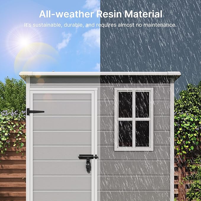 Gizoon 5x3 FT Resin Storage Shed Outdoor, Heavy-Duty Resin Shed with Floor for Patio, Lawn, Plastic Garden Sheds Weather-Resistant with Lockable Door for Patio Furniture, Garden Tools, Grey