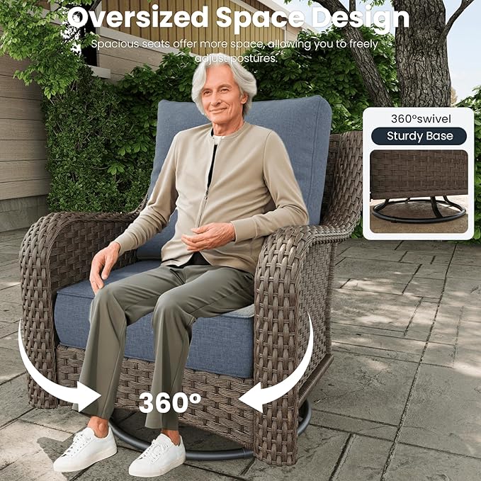 6 Pieces Outdoor Patio Furniture Sets with Rocking Swivel Chairs with 6-inch Thick Cushion and Side Table for Deck Lawn