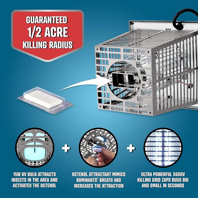Flowtron Electric Bug Zapper 1/2 Acre Outdoor Insect Control with Dual Lure Method, 15W UV Light & Octenol Attractant for Fly & Mosquito, 5600V Kill Grid, Made in USA, UL Certified - Grey Color