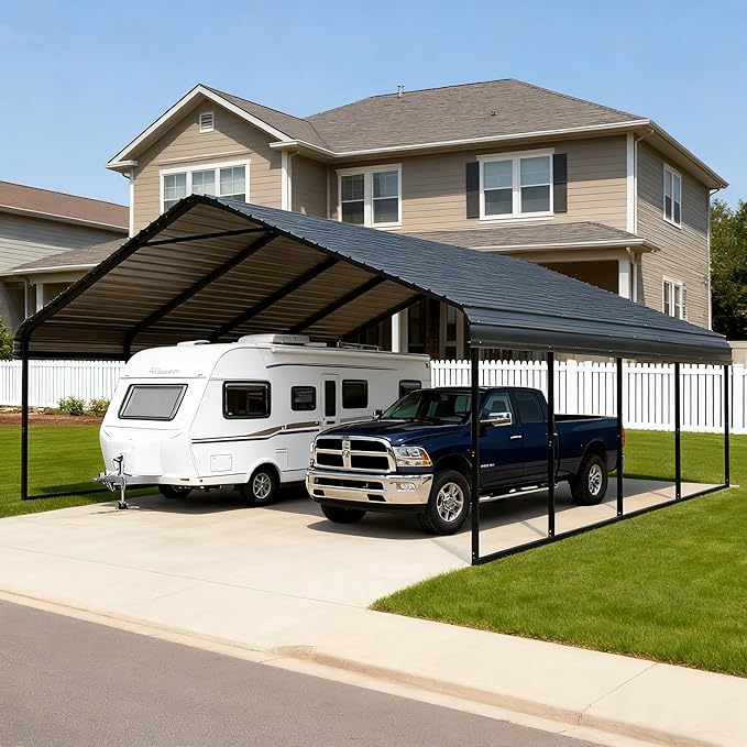 Heavy Duty Metal Carport 20x20 ft Galvanized Steel Carport Shelter for 2 Car Extra Large Canopy for Dual Vehicle, RV Boat Storage All Weather Protection Garage Party Tent (20X20FT)