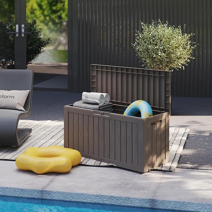 80GAL PLUS Rolling Brown Outdoor Deck Box with Lock Hole - Waterproof, SGS - Certified UV Protection, All - Weather Resin, Mobile Storage for Poolside or Patio Use, Easy Assembly