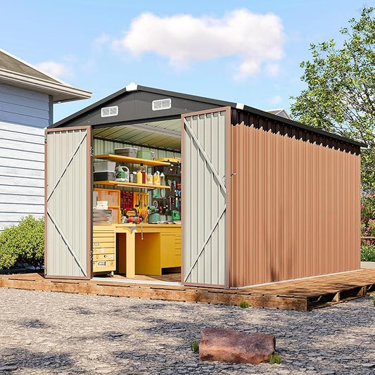8x12 FT Outdoor Storage Shed, Utility Steel Tool Shed with Lockable Door and Air Vents, Galvanized Metal Shed for Garden Backyard Patio Lawn (8'x12', Brown)