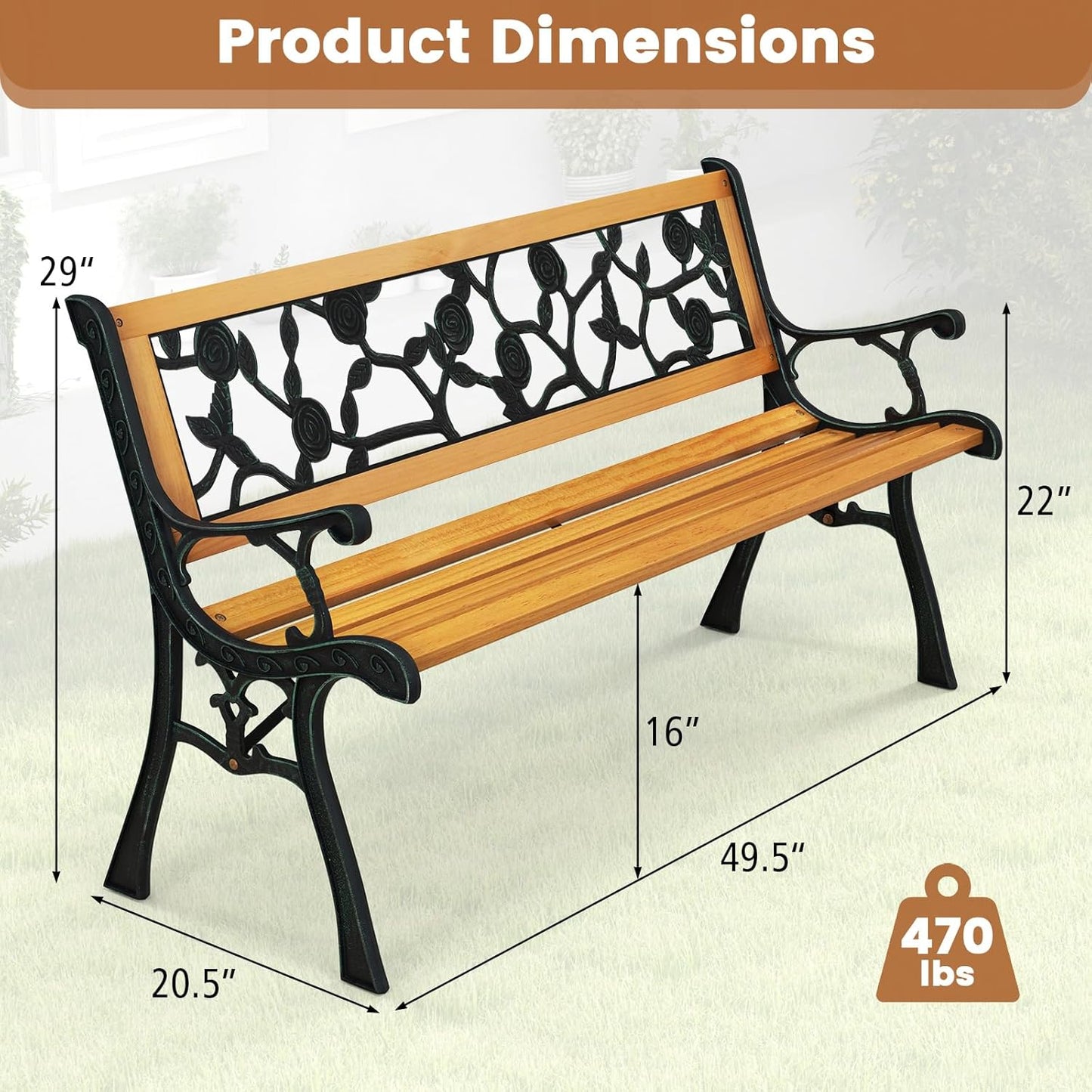 Tangkula Outdoor Garden Bench Park Bench, Patio Iron Bench Chair with Cast Iron & Hardwood Structure, Weather Proof Porch Loveseat, Perfect for Backyard, Deck, Lawn, Poolside