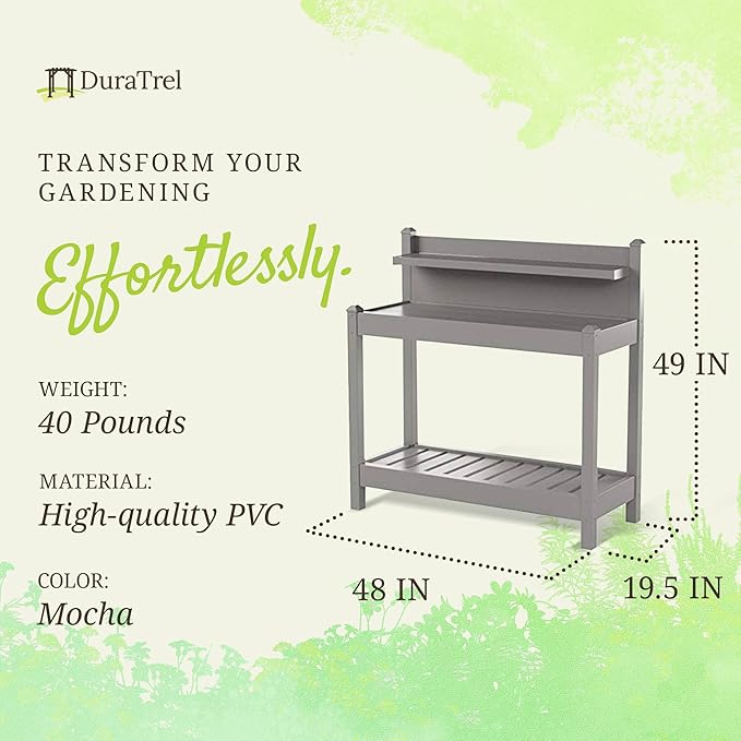 Dura-Trel Greenfield PVC Vinyl Indoor Outdoor Table Potting Bench Station with Shelf for Plant Accessories & Gardening Supplies Storage, Mocha