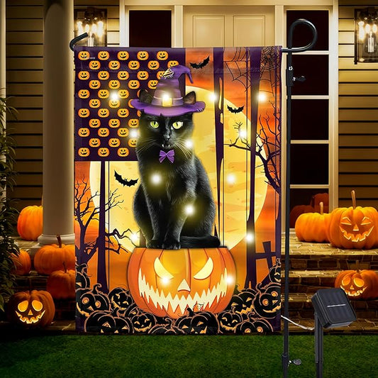 FLAGWIX Halloween Garden Flag - Solar Flag Light for Garden Decor 11.5"x17.5" - Fall Flags for Halloween Decorations, Black Cat Yard Flags for Fall Outdoor Decor, Outside Decorations for Yard