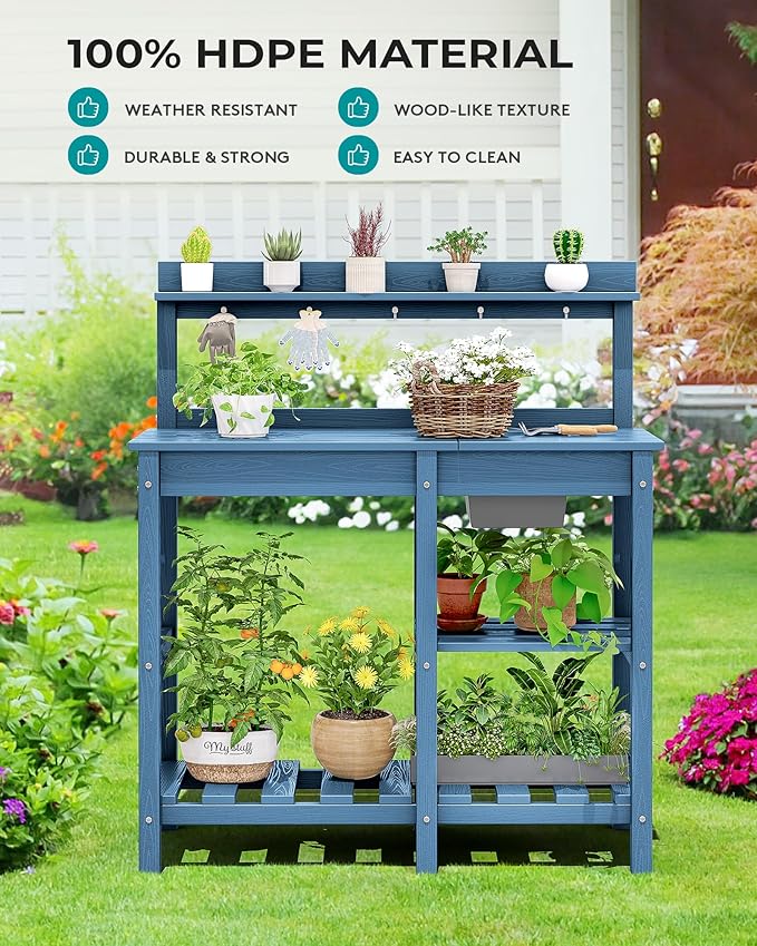 SERWALL Potting Table Outdoor Potting Bench with Sink, HDPE Potting Benches for Outside All Weather Use- Blue