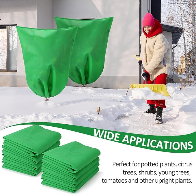 12 Packs Winter Plant Covers Freeze Protection Drawstring Tree Cover 23.62 x 31.5 in Large Reusable Frost Protection for Plants Fruit Tree Shrub, Outdoor Prevention Bag(Dark Green)