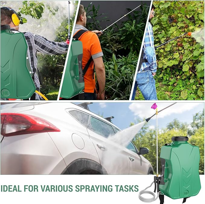 Backpack Sprayer 4 Gallon, Battery Powered Garden Sprayer with 2 * 6.0Ah Rechargeable Battery, Lawn & Garden Sprayer with Telescopic Wand, 5 Nozzle for Weeding, Watering and Cleaning