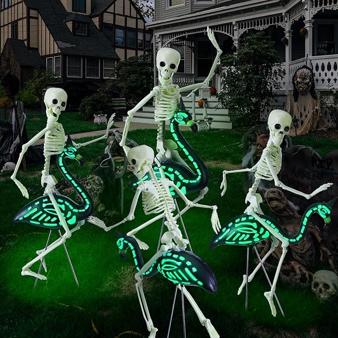 8 Pcs Halloween Skeleton Flamingo Decoration Outdoor Yard Ornament 15.7" Plastic Skeleton Decor with Posable Legs Flamingo Statue Decor for Yard Garden Lawn(Fluorescent,S,Stylish)
