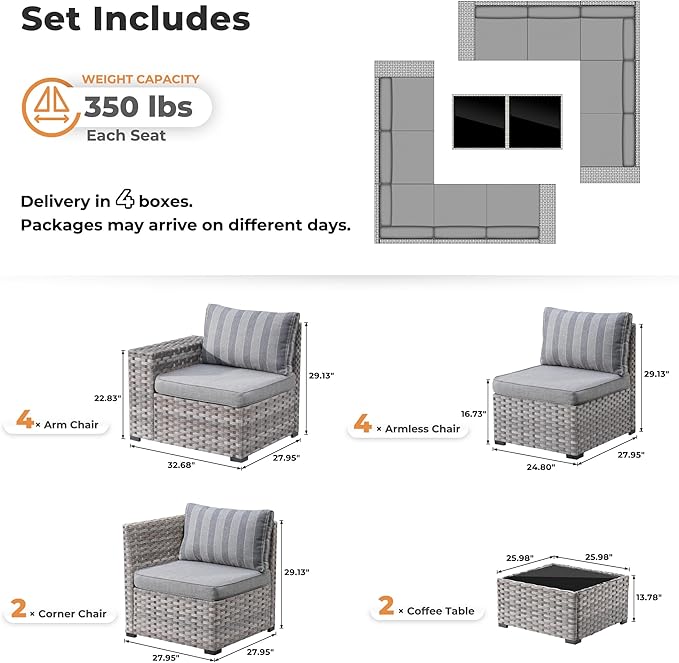 ovios 12 Pieces Patio Furniture Set, Outdoor Wicker Sectional Sofa with Glass Table Comfy Cushions, Modern Modular Deep Seat Couch Rattan Conversation Set, Dark Gray Stripe