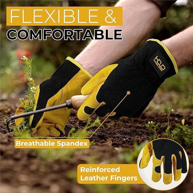 HANDLANDY Men Leather Gardening Gloves, Utility Work Gloves for Mechanics, Construction, Driver