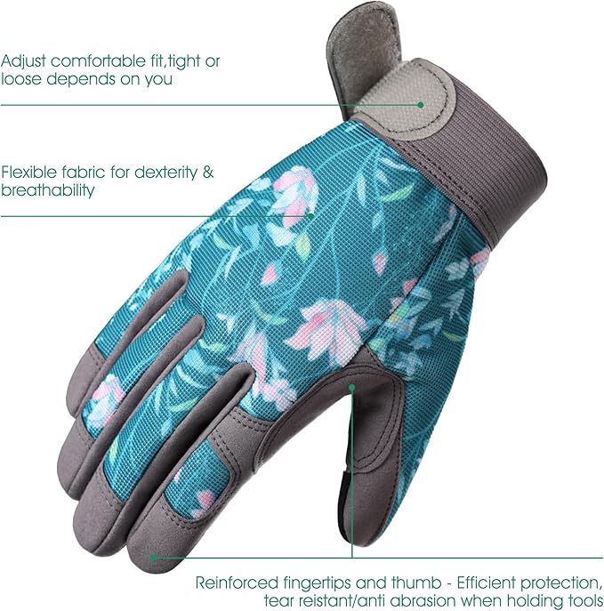 COOLJOB Medium Gardening Work Gloves for Women Ladies, Thorn Proof for Rose Pruning, Cactus Handling, Blackberry Bush Planting, Puncture Resistant Anti-Slip Flexible, 1 Pair M Green Flower